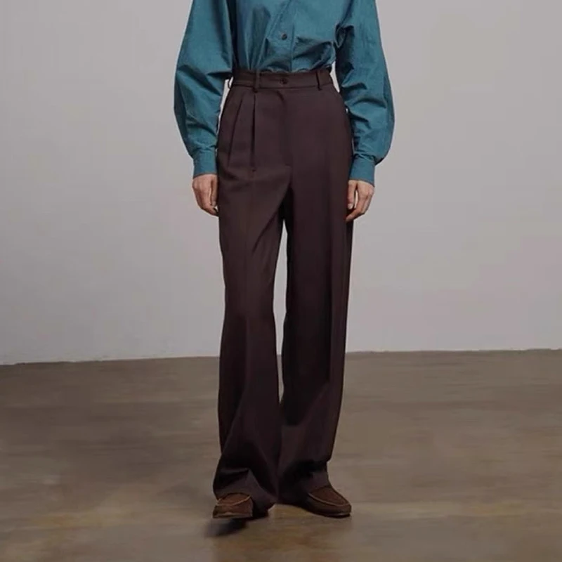 

High Waist Straight Leg Woolen Pants Vintage Brown Exquisite Spinning Wide Leg Trousers for Women Commute Sle Winter Collec...