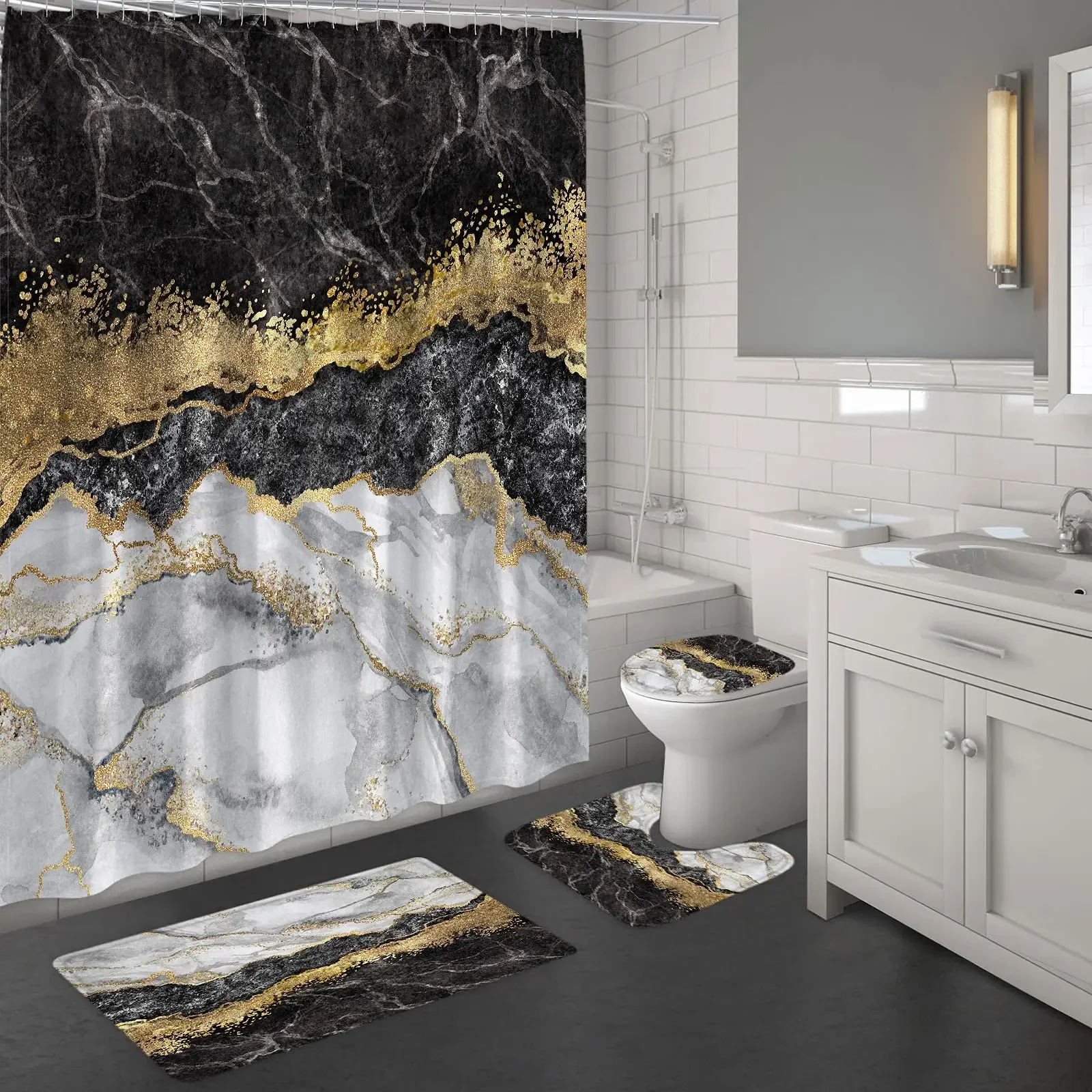 Black Gold Marble Shower Curtain Set Bath Mats Rugs Crack Ink Texture Luxury Abstract Decorative Stone Print Bathroom Curtains