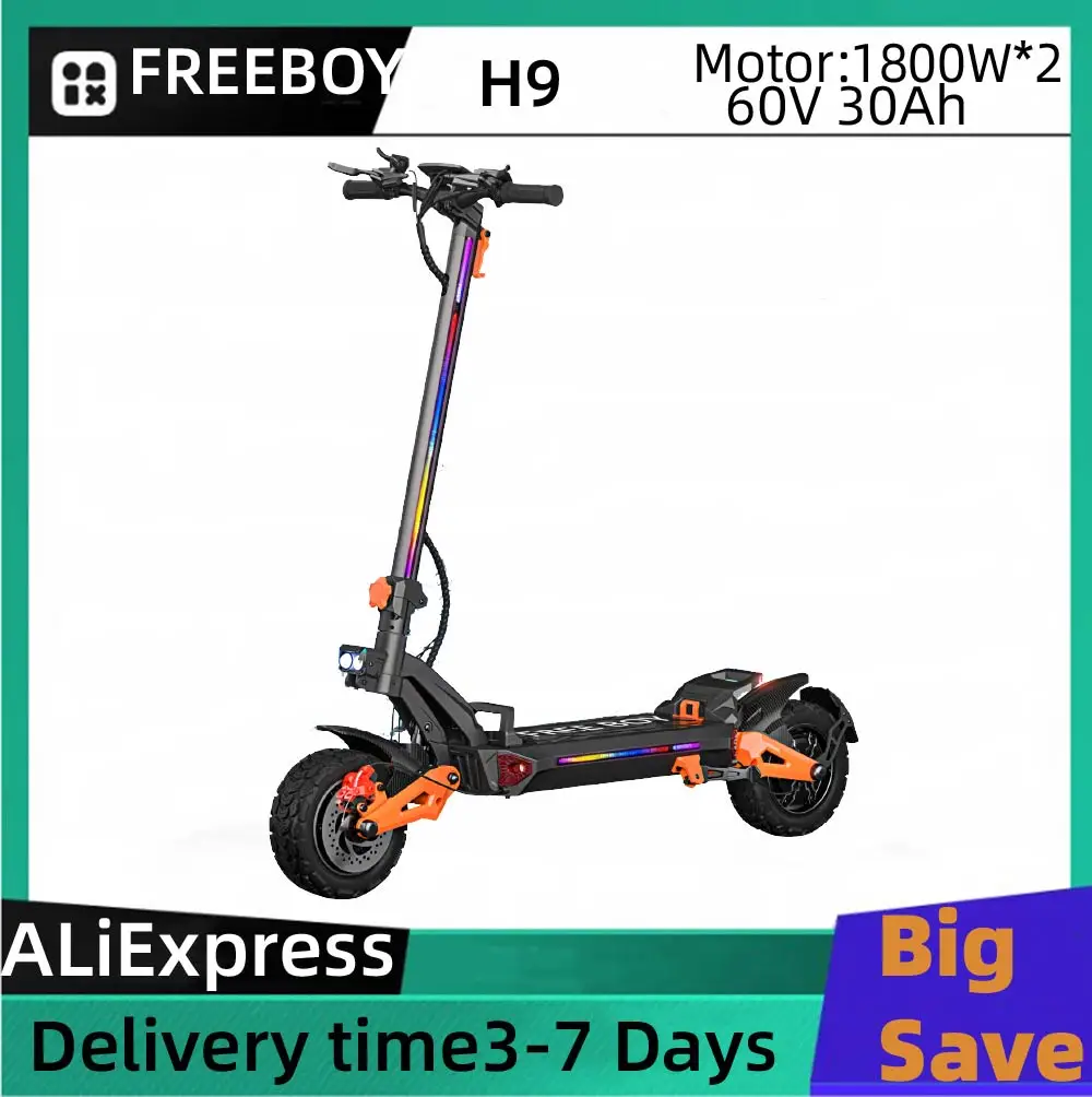 

FREEBOY H9 11 Fat Tire E-Mountain Scooter, Adult Electric Scooter 60V 30AH Folding 1800W*2 Motor E-Scooter