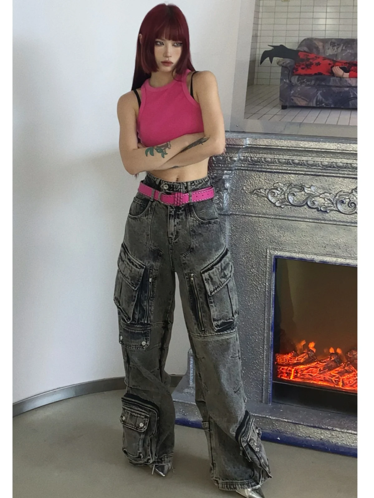 Retro werkkleding Sle Multi-ket wijde pijpen Casual lange jeans ex Loose Fit Jeugdige trend Bestand tegen vuil en slijtage