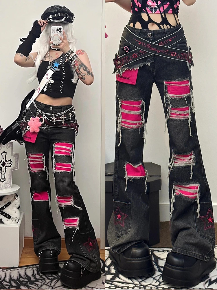 

Женские джинсы Y2K с эффектом потертости, микро-клеш, летние, больших размеров, в американском уличном стиле, с эффектом похудения