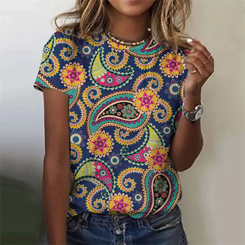 Camiseta feminina estampada com flores polinésias 3D, gola redonda, manga curta, camiseta feminina bonita, moda verão, rua, novo