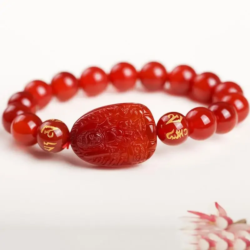 Natural Red Onyx 12 Zodiac Rabbit Benmingfo Men's and Women's Bracelets Eight Guardian God Manjusri Bodhisattva Handstring Gift