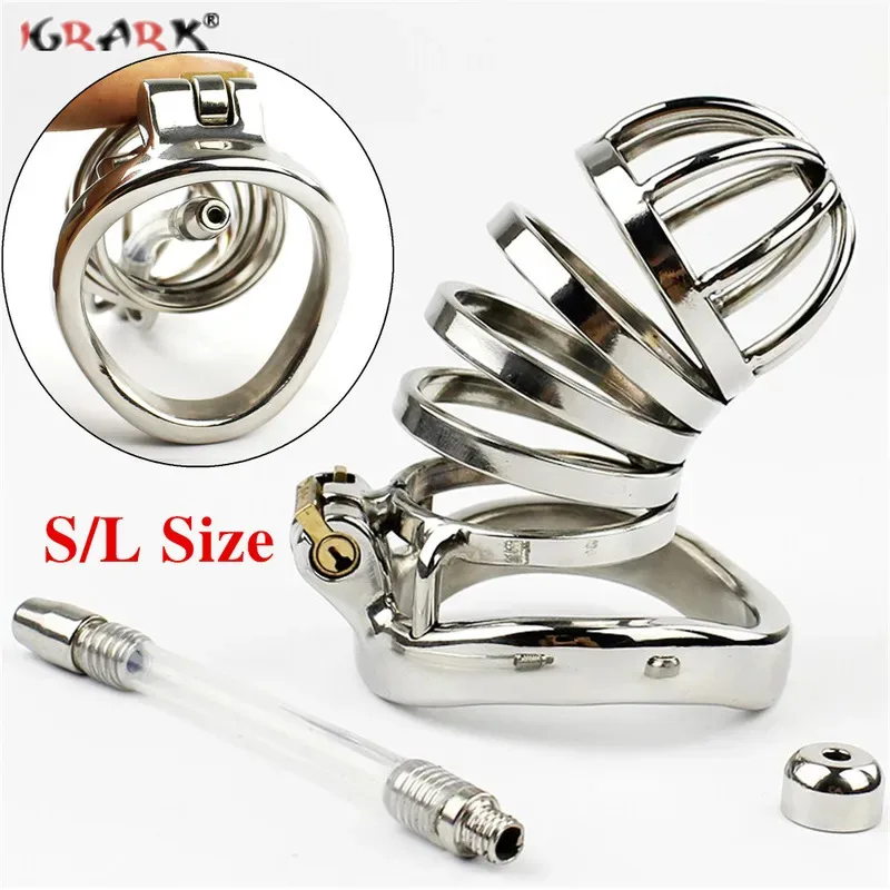 Dispositivo di castità maschile Gabbia per cazzi in acciaio inossidabile Giocattoli sessuali con serratura per uomini Manicotto per pene Anello per pene Giochi per adulti gay Prodotti erotici