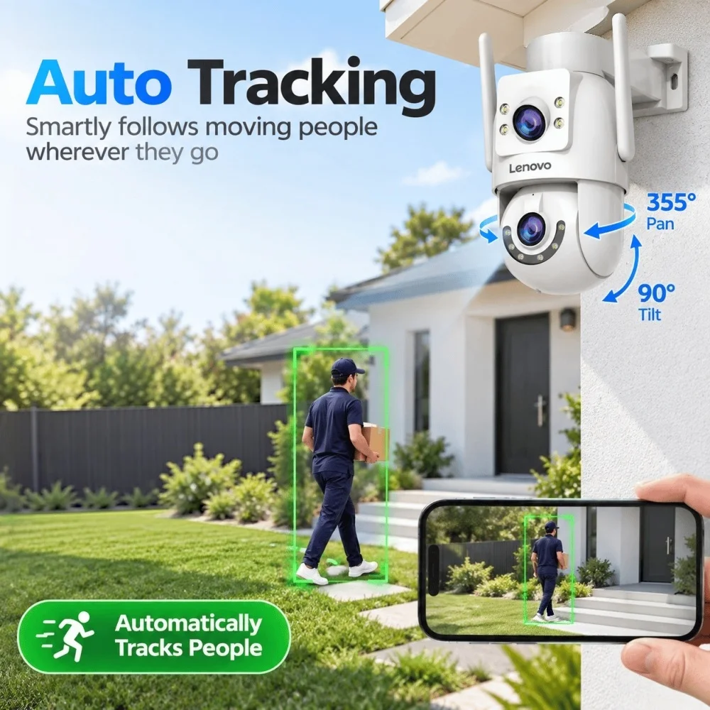 Lenovo 8MP HD Outdoor-Überwachungskamera mit Dual-Objektiv, Dual-Screen, AI-Tracking, PTZ-Farbnachtsicht, Überwachungsschutz – Detail 2