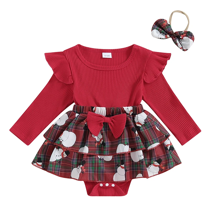 

Baby Girl Christmas Romper Dress Ruffled Long Sleeve Crew Neck Snowman Print Skirt Hem Jumpsuit with Headband