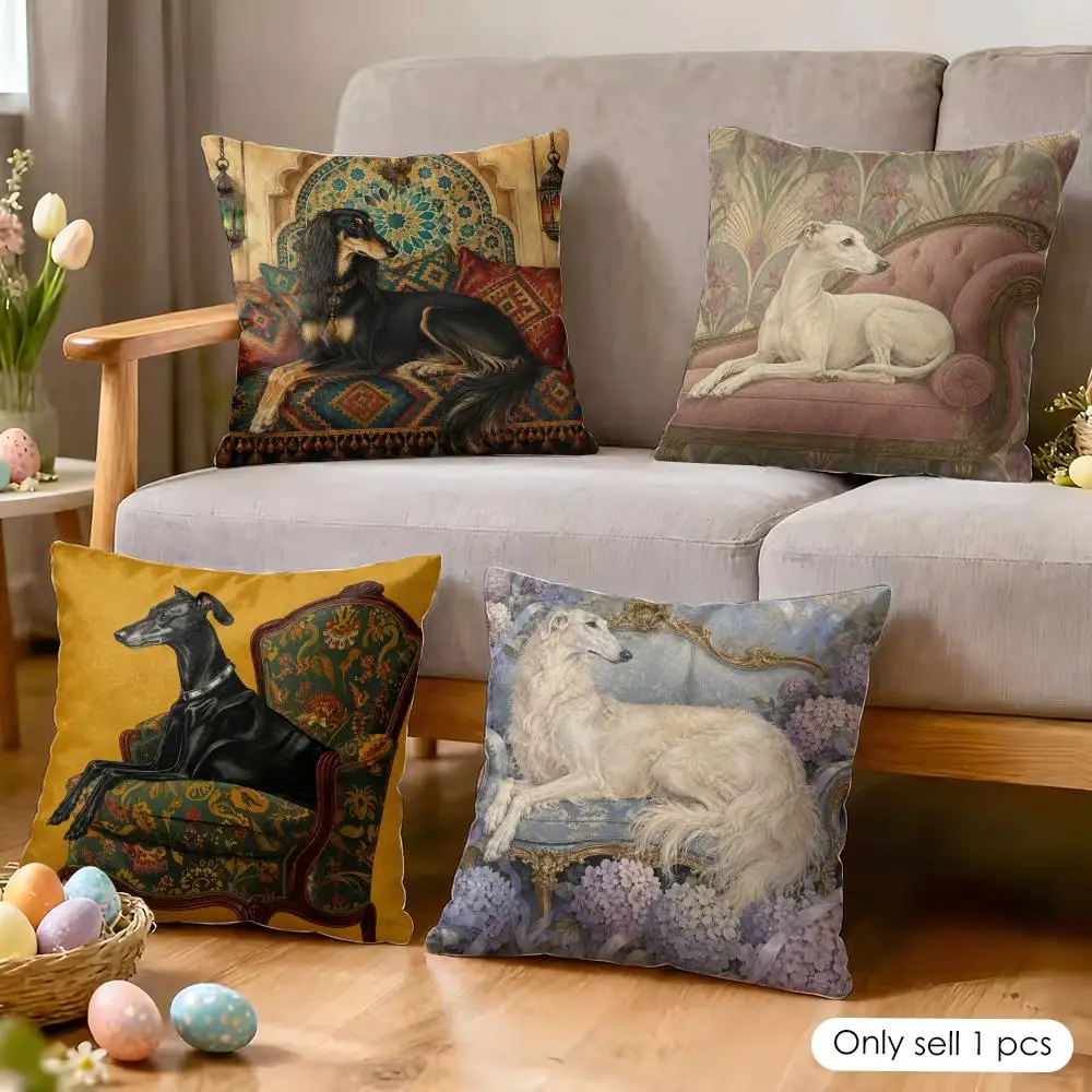 Vintage Greyhound Lounge Cushion Cover Soft Short Plush Pillow Cover Smooth Cozy Texture Aesthetic Cushion Case Home Decor