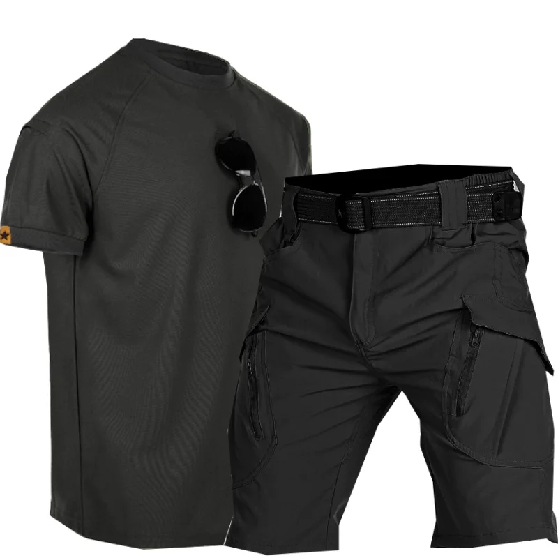 

Мужской тактический комплект 2026: футболка с коротким рукавом и шорты, с множеством карманов, летний, повседневный, дышащий, для спорта и повседневной носки