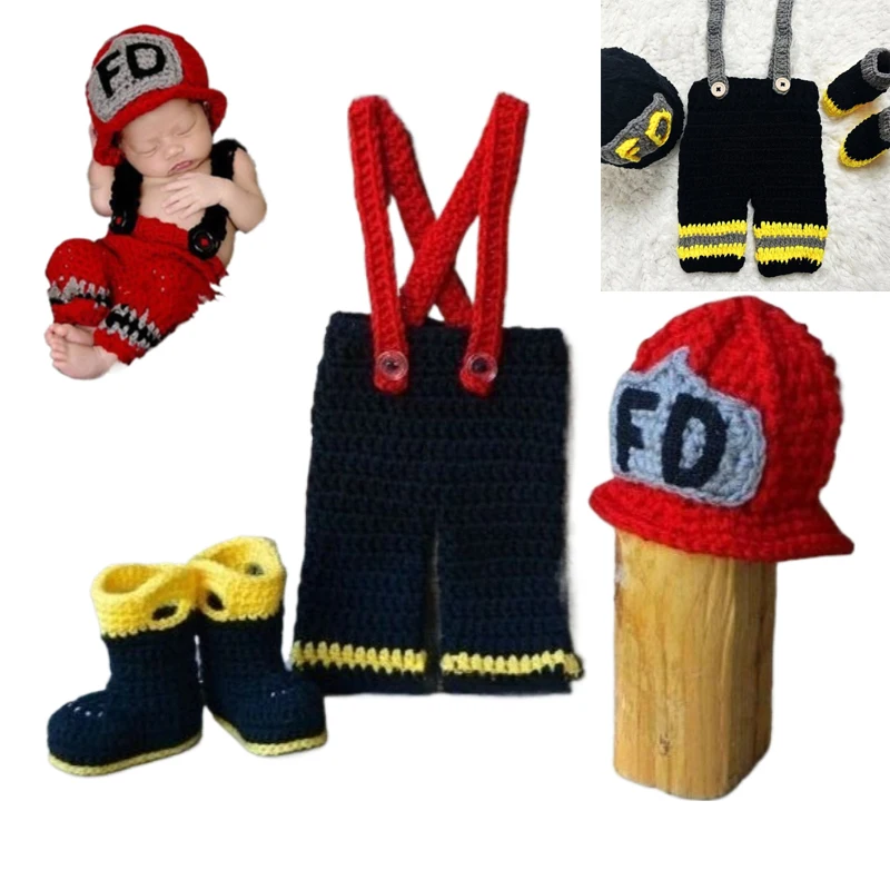 

3pcs/set FD Firefighter Newborn Baby Photography Props, Crochet Yarn Hat Overalls Boots Crochet