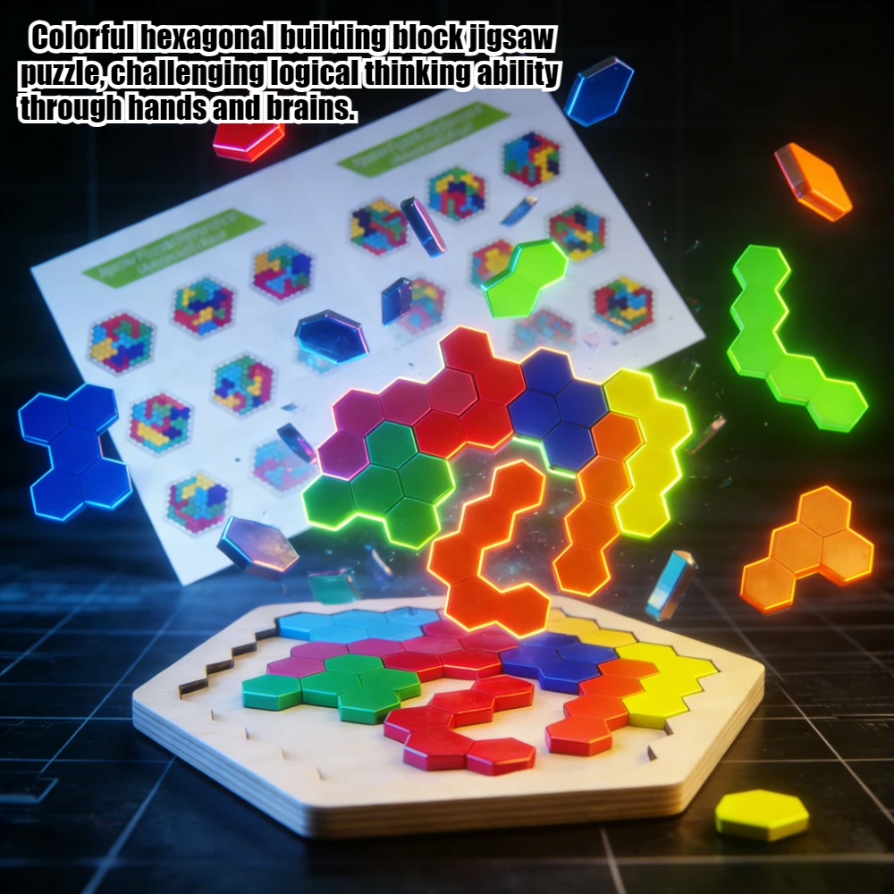 1pc Wooden Hexagon Puzzle for Kids - Brain Teaser Logic Game, Colorful Geometric Tangram Jigsaw, Educational Stress Relief Fidget Toy, Birthday Gift for Ages 3+