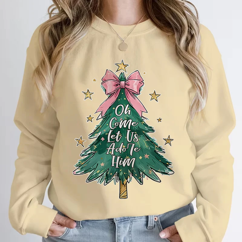 Women's Christmas Tree Printed Sweatshirt Vintage Aesthetics Round Neck Long Sleeve Sportswear Funny Xmas Tree Creative Hoodies