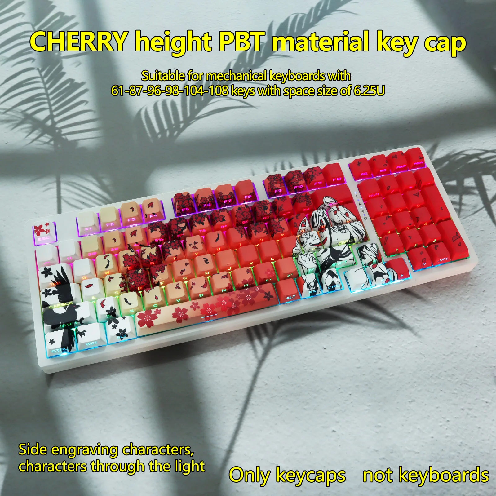 CHERRY Height PBT Keycaps - Sakura Fox Mask Design, White Red Grey Gradient, Fits 61/87/98/104/108 Mechanical Keyboards, Keycap