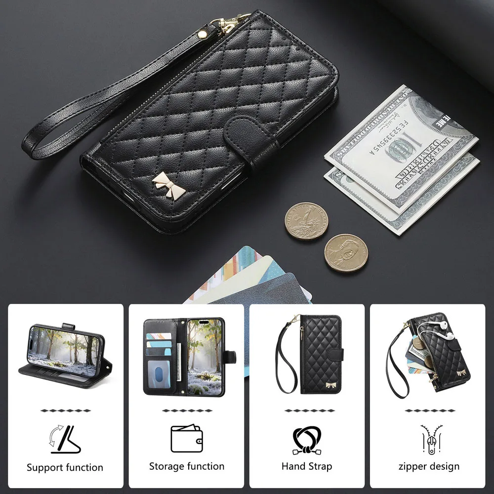 Etui z klapką, portfel na zamek błyskawiczny, skórzane etui na Motorola Edge 60 Pro 50 Fusion 70 G56 G75 G85 G86 G15, skórzany pokrowiec ze smyczą i paskiem na nadgarstek — zdjęcie produktu 4