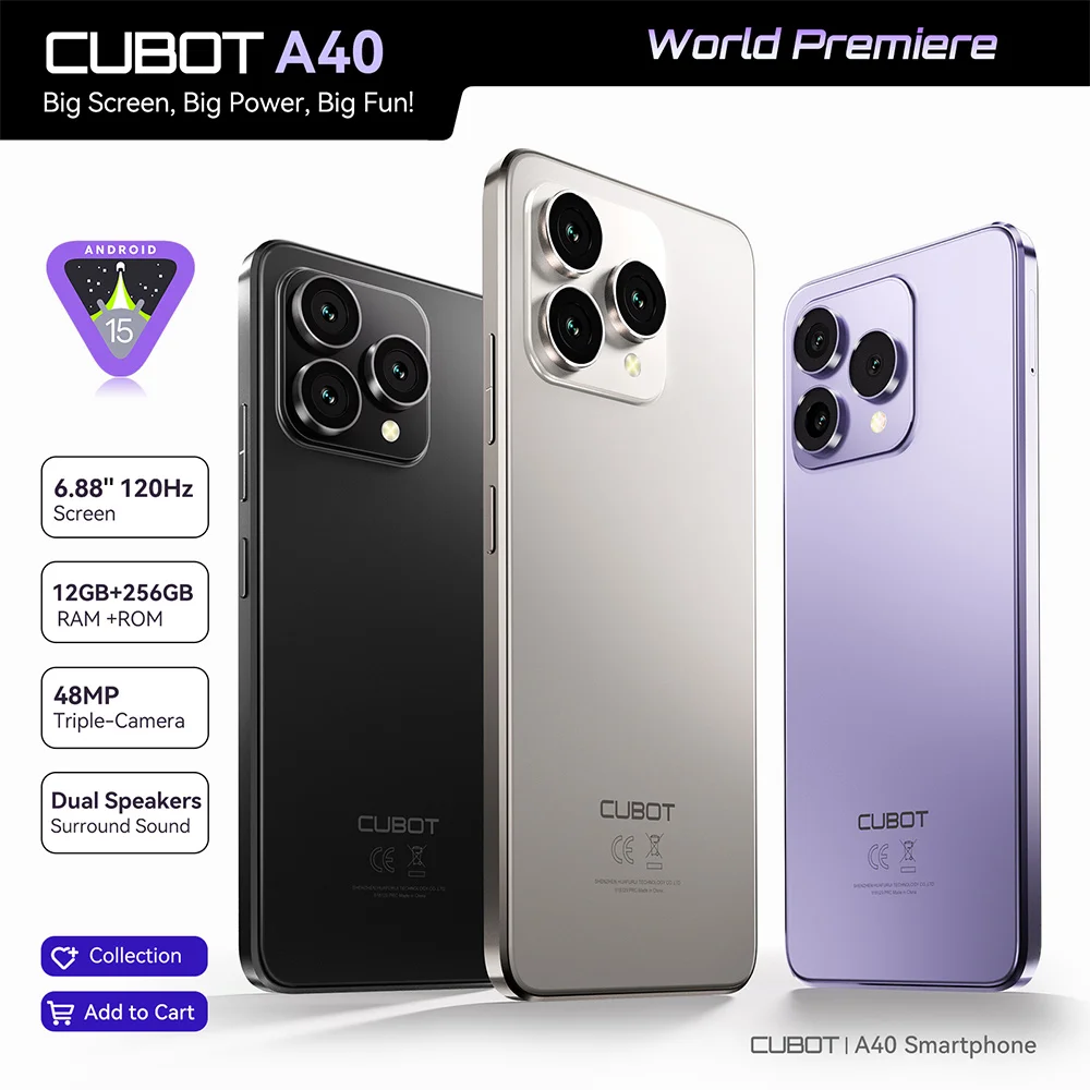 Смартфон Cubot Android 15 A40, 12 ГБ ОЗУ + 256 ГБ ПЗУ, экран 6,88 дюйма, 120 Гц, фотоядер, камера 48 МП, аккумулятор емкостью 5100 мАч, NFC, Face ID