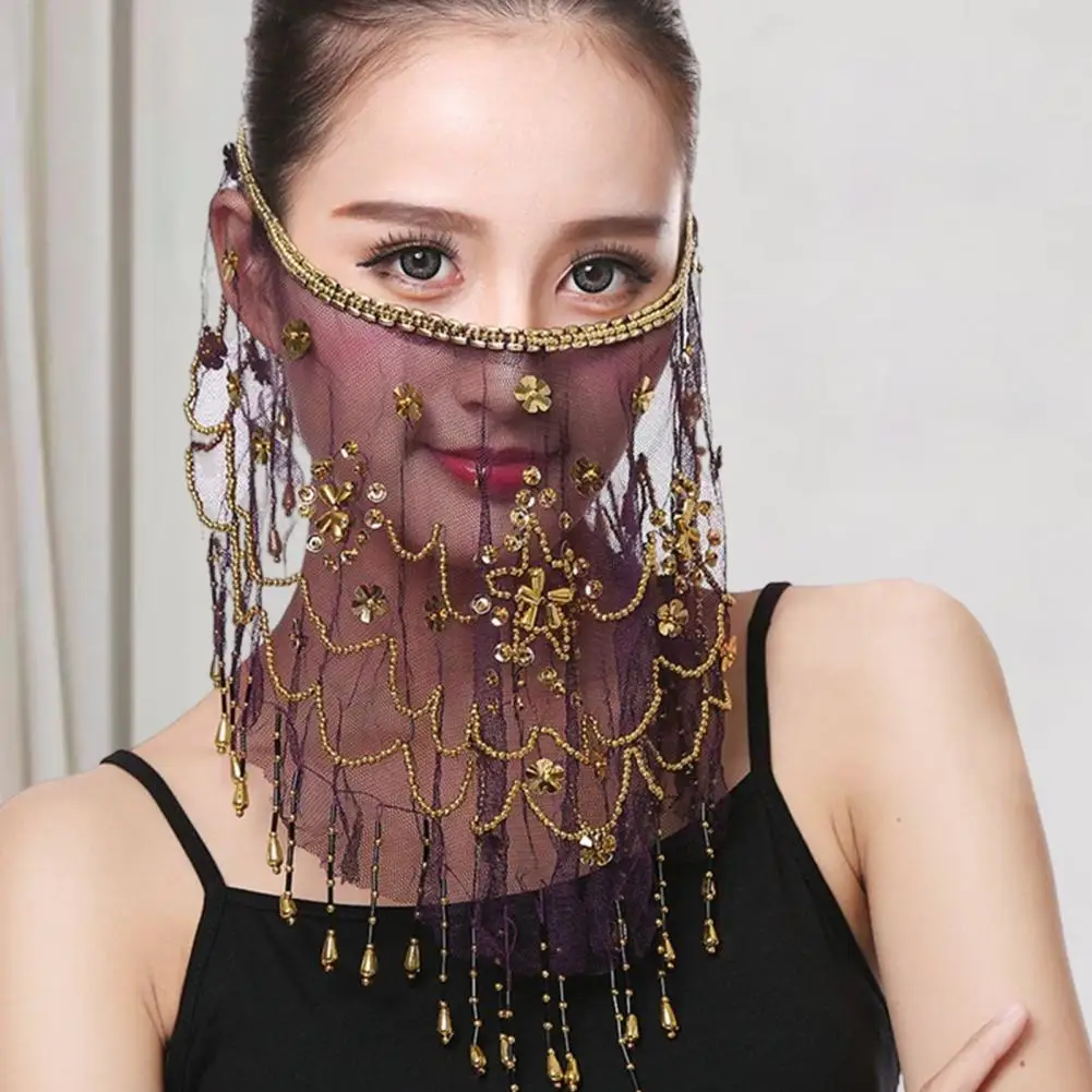 Velo da performance Fiore Paillettes Perline Decor Pizzo Danza del ventre Tribale Velo da viso Tessuto Velo da ballo Accessorio per costume di Halloween