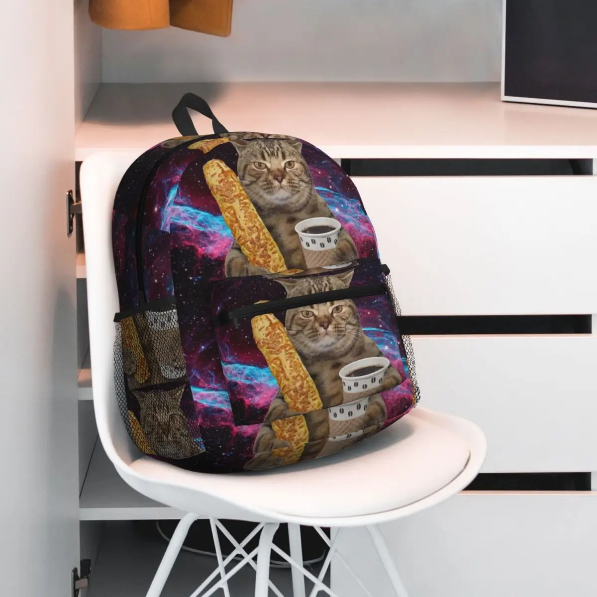 Starry Night Cat Stick And Coffee Print Backpack Student BookBag Kids School Bag Laptop Shoulder Bags for Men Women