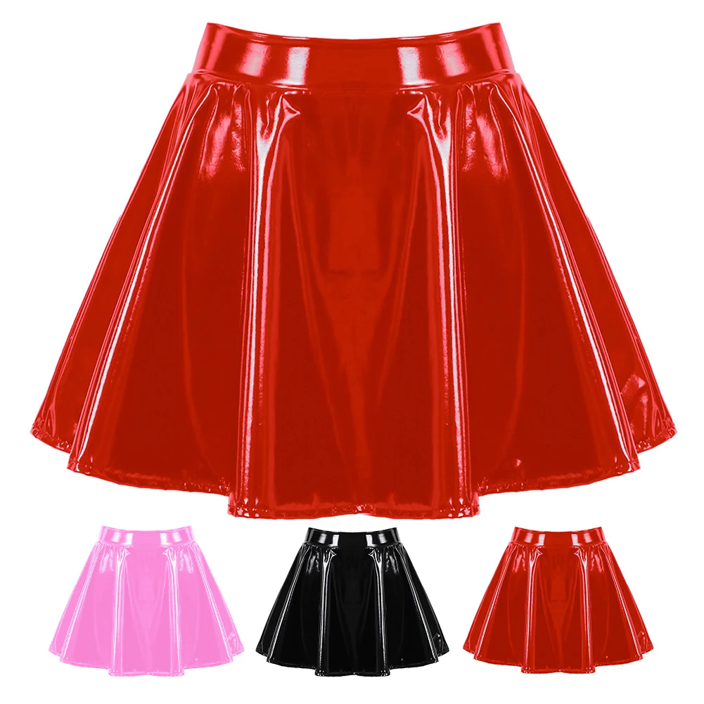 Women Glossy Patent Leather Flared Miniskirt Dance A-Line Skirt Clubwear Cosplay Performance Short Skirts Costume