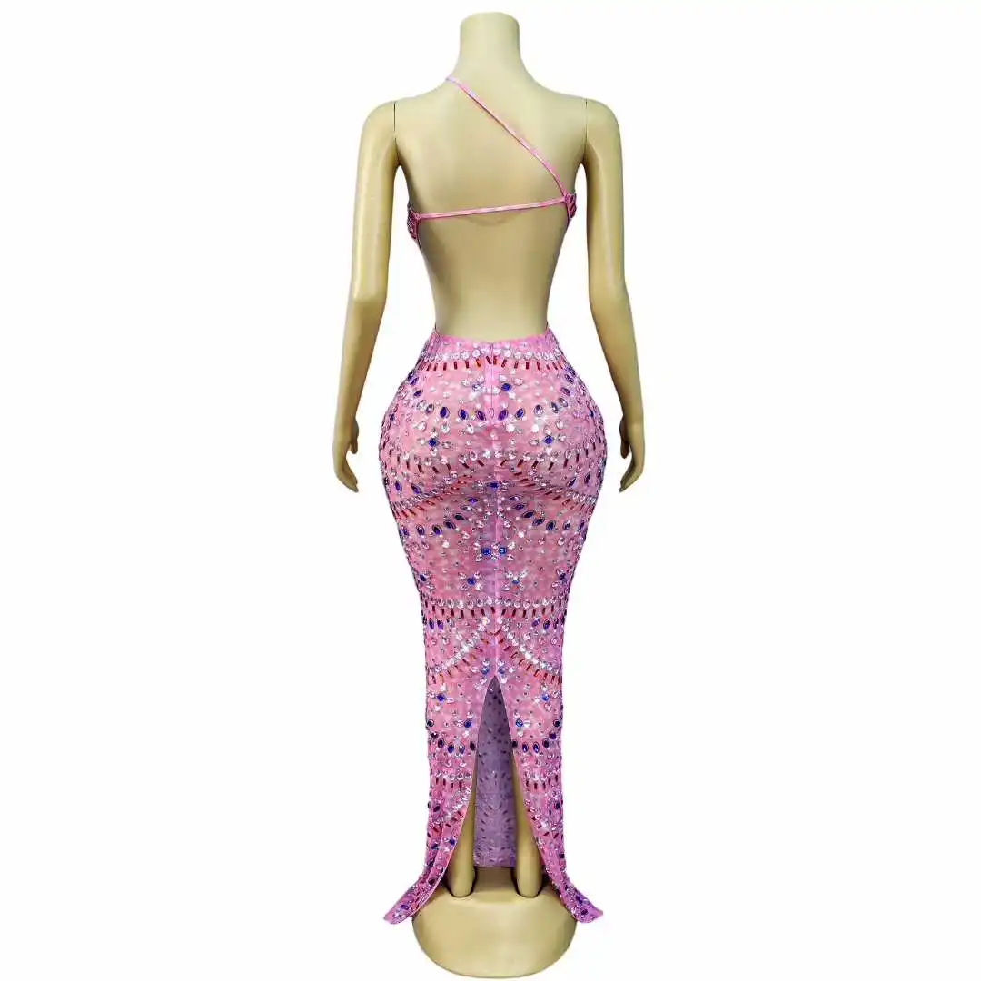 Strass brilhantes malha rosa transparente sem costas vestido longo feminino sexy aniversário celebrar noite vestido de baile sessão de fotos wear