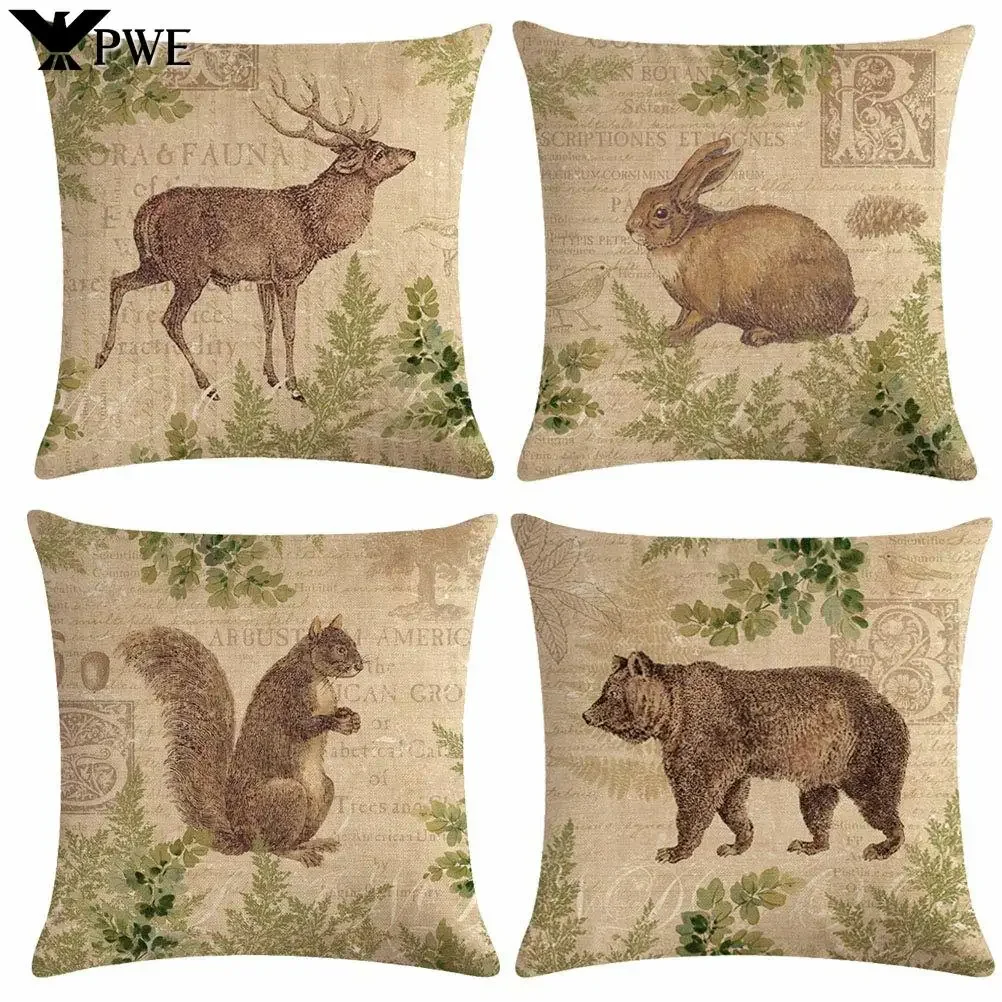 Rabbit Squirrel Bear Deer Print Pattern Decorative Home Pillowcase Square Office Decor Cushion Cover