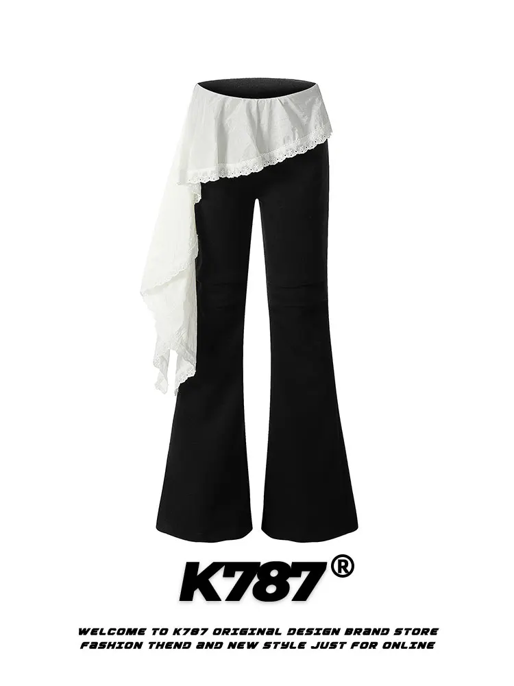 

Джинсы K787 в американском ретро-стиле с кружевными вставками, с высокой талией, расклешенные, повседневные брюки, с уникальным дизайном, свободный крой BM