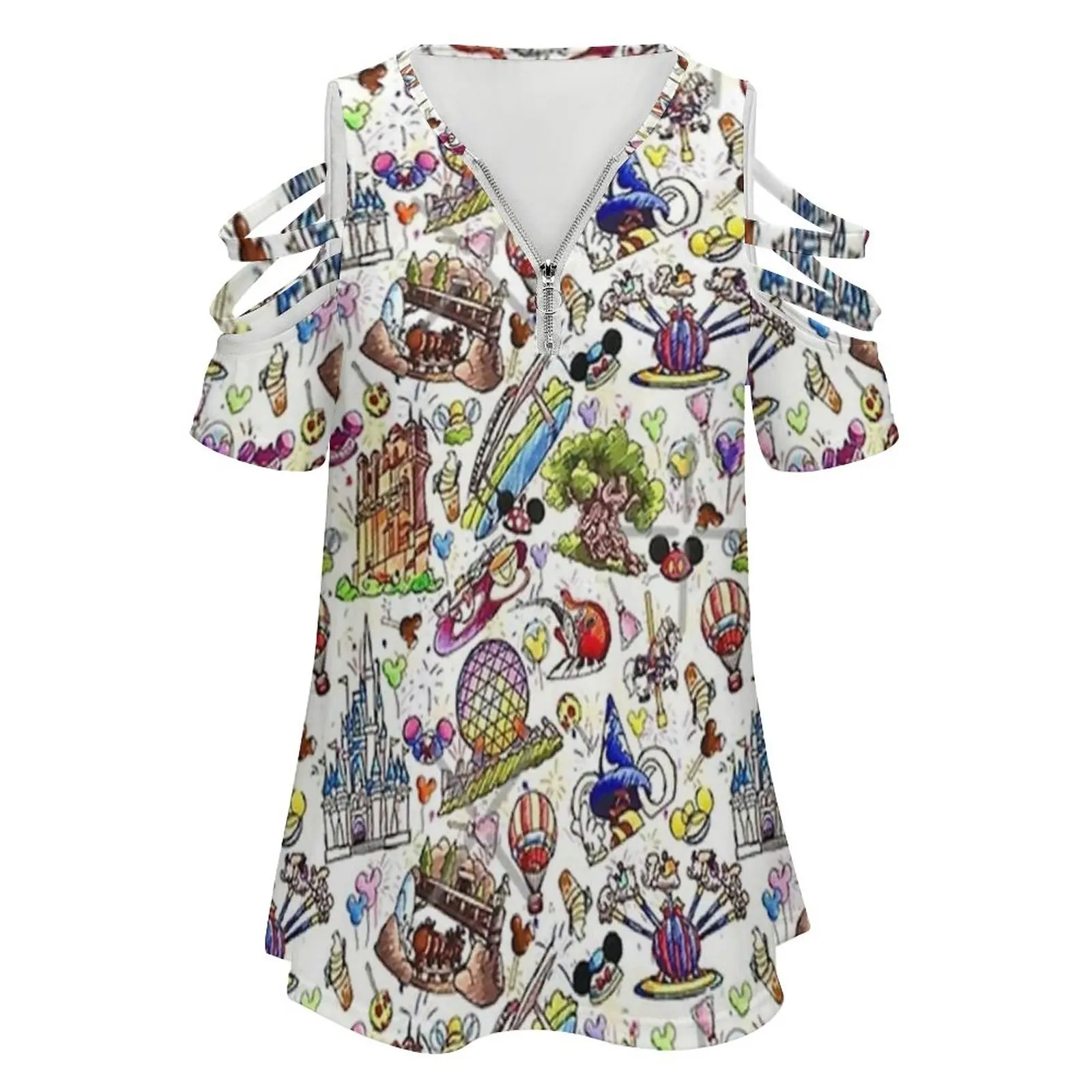 Full Action Women's T-Shirt New Fashion Printed Zipper V-Neck Short Sleeve T Shirts Casual Plus Size Park Rides Studios Animal