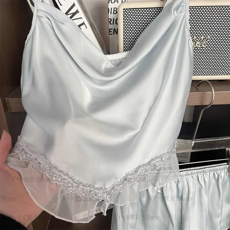 Women Blue Princess Style Cami Top Shorts Ruffles Lace Trim Pajamas Suit 2Pcs Satin Lingerie Home Wear Summer New Sleepwear