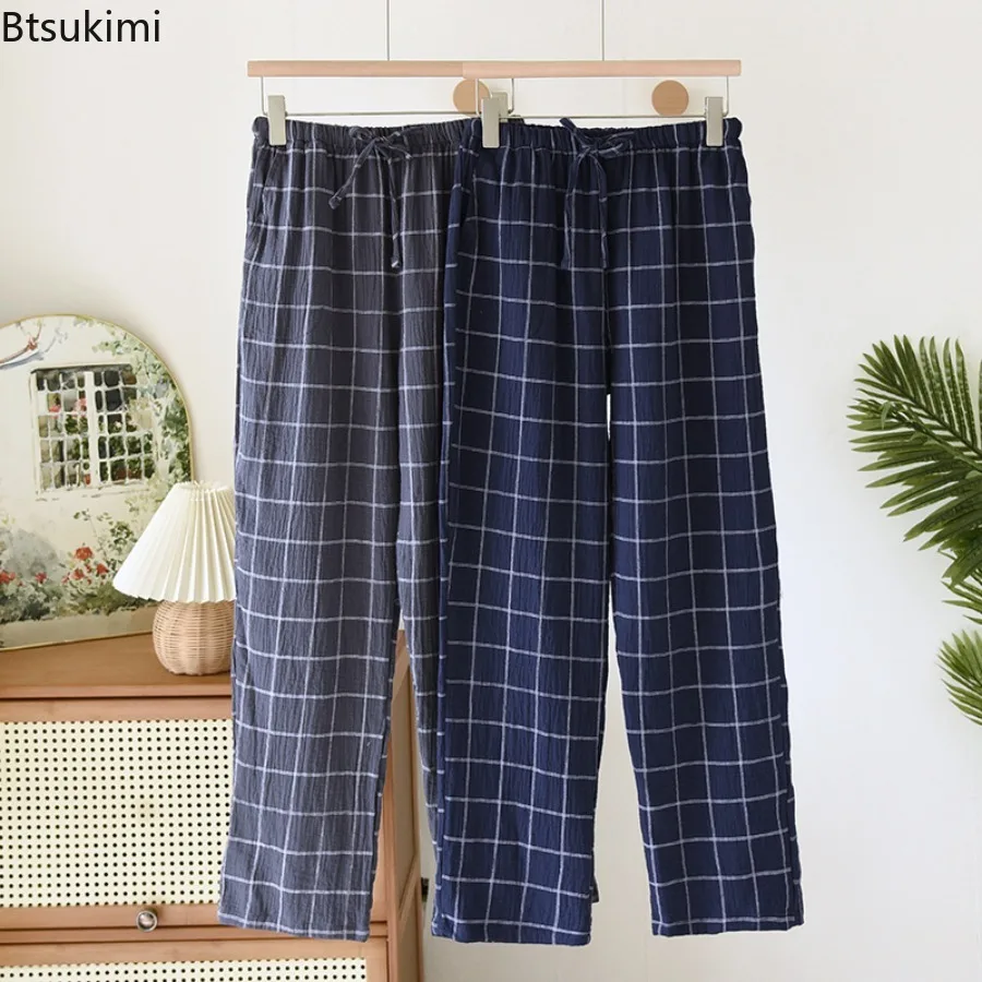 New 2026 Summer Men's Sleeper Pants 100% Cotton Crepe Pants Loose Thin Large Home Casual Checkered Home Pants Bottoms for Men