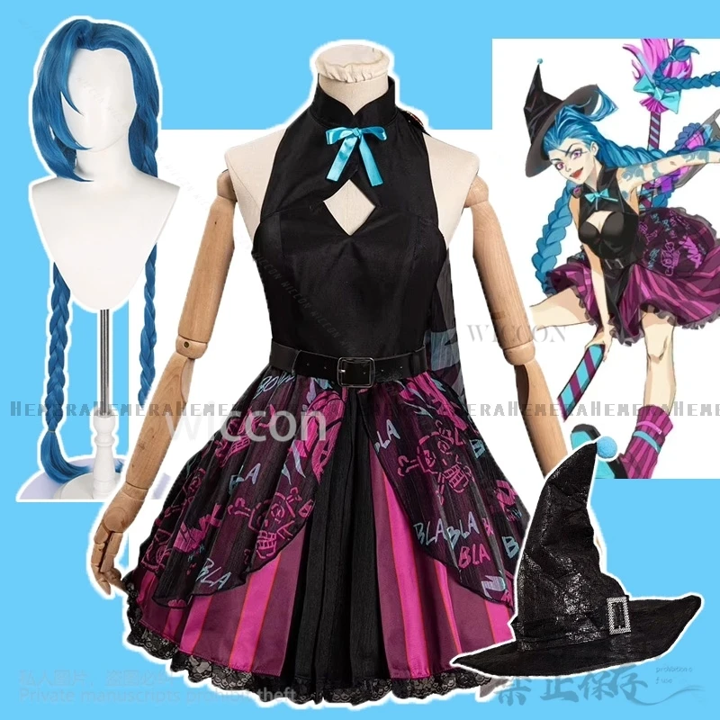 

Аниме Arcane 2, игра LoL, костюм Jinx для косплея, платье без рукавов ведьмы, шляпа Лолиты, парик, женский сексуальный карнавальный костюм для вечеринки по индивидуальному заказу