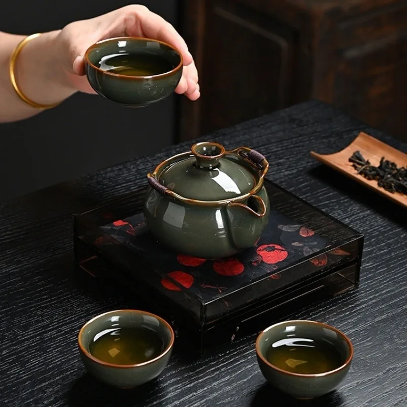 Portable Chinese Style Ge Kiln Travel Tea Set for Picnic Hiking Outdoor Camping Kungfu Tea Gear Kit  Festival & Business Gift