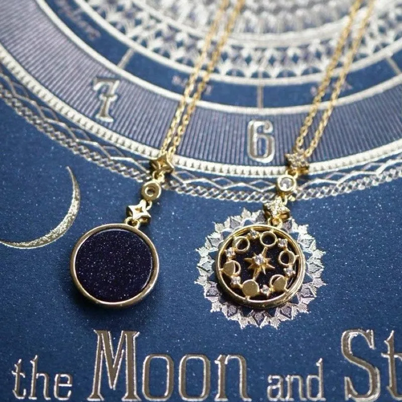 Blue Sandstone Moon Stars Pendant Necklace for Women Delicate Choker Chain Elegant Statement Jewelry Chic Birthday Gift for Her