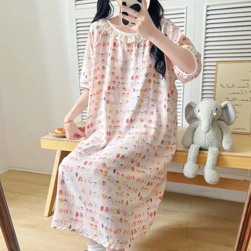 

Summer Cross-Border Bubble Cotton Strap Sleep Dress Women's Sweet Cartoon Home Clothes Outerwear Skirt Thin Material Sleeveless