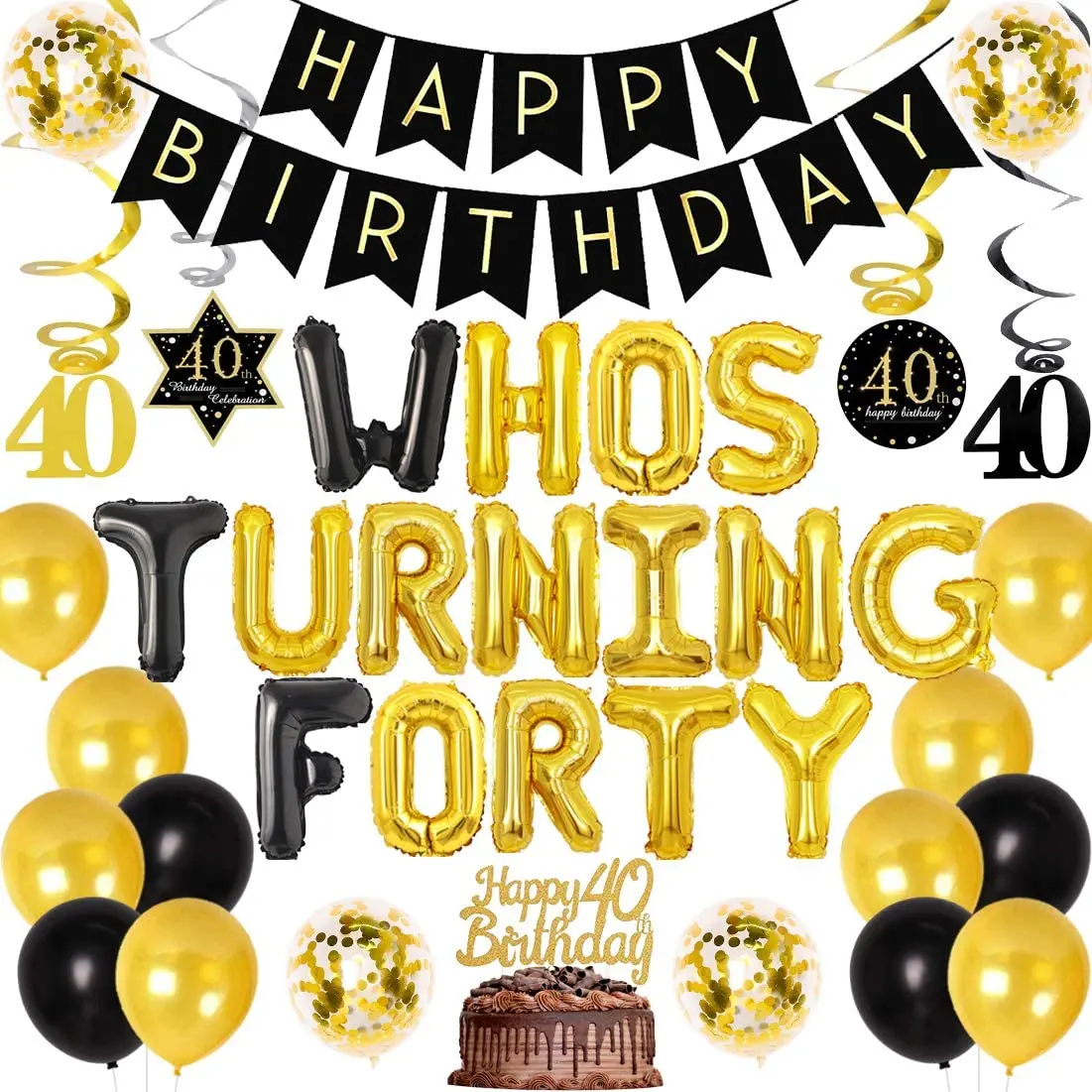 

Cheereveal 40th Birthday Party Decorations for Men Women Black Gold Whos Turning 40 Foil Balloon Hanging Swirls Birthday Banner