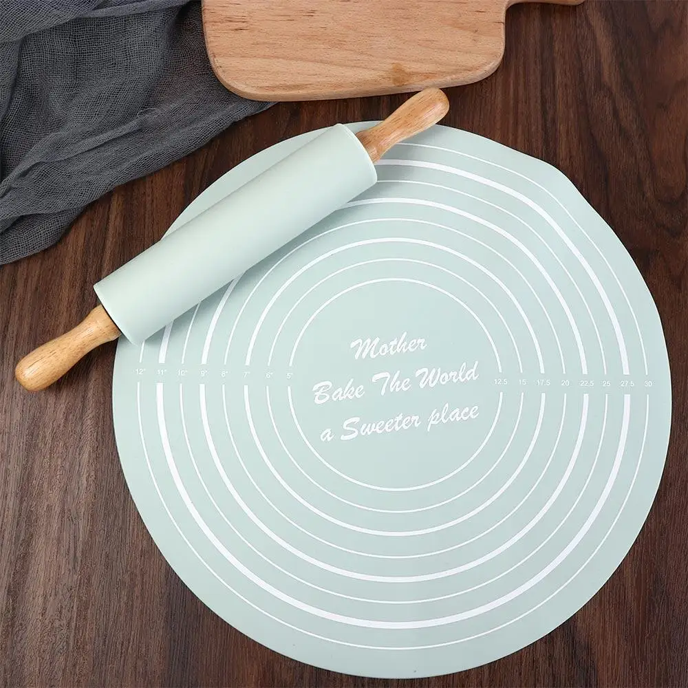 Reusable Thickened Rolling Pin Pastry Mat Set Round Silicone Kneading Pad Househeld Pastry Baking Dough Mat