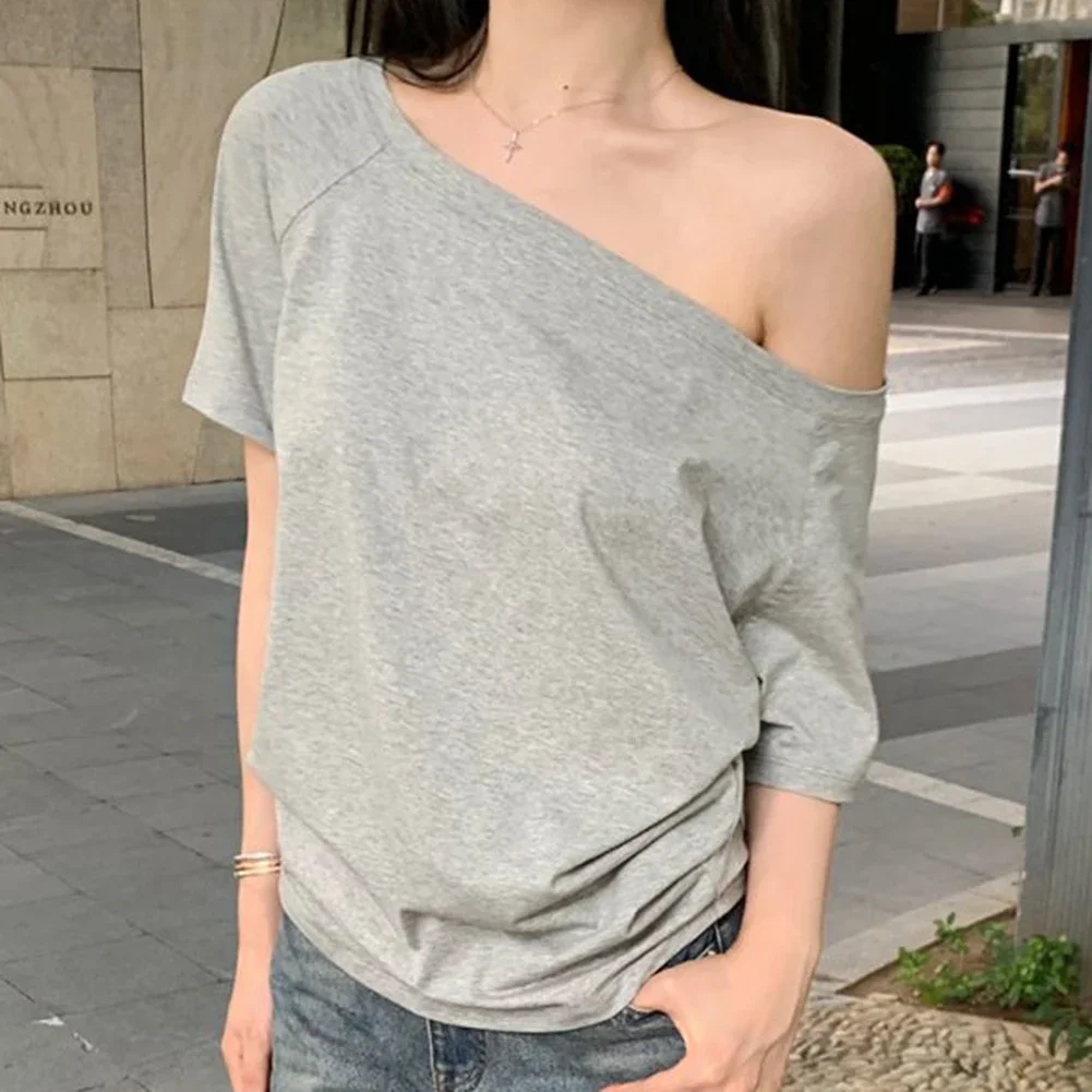 Women's Summer Casual T-Shirt Featuring Off Shoulder Neckline Short Sleeves And Solid Tone Loose Fit For All-Day Ease