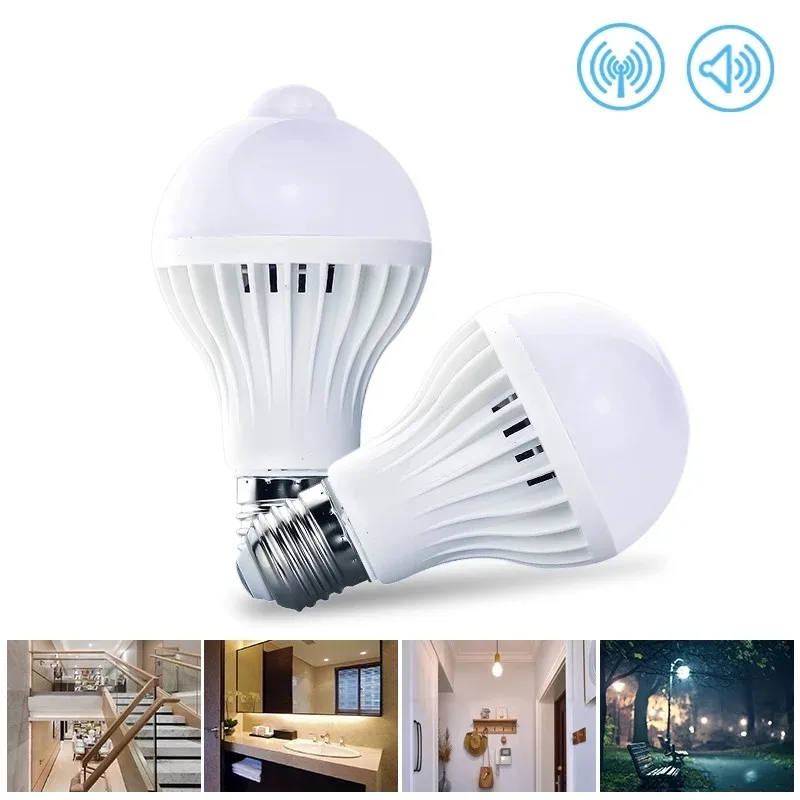 Ampoule LED à détecteur de mouvement, lampe intelligente, corps infrarouge, lumières, son + lumière, 220V, 3W, 5W, 7W, 9W, 12W