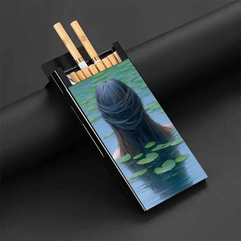 Lotus Leaf and Women's Theme, Men's Metal Cigarette Box Suitable for Storing Cigarettes, Moisture-proof Extruded Metal Box