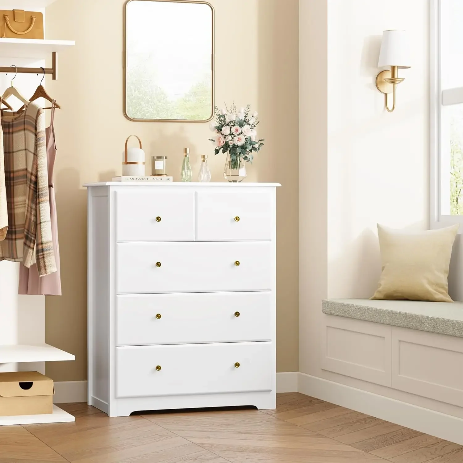 Dresser with 5 Drawers, Tall Chest of Drawers, 5 Drawer with Deep Space, Wood Storage Cabinet fo