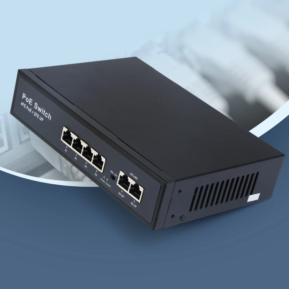 6 Ports 100M PoE+ Switch 4 Ports PoE+(Plus) 802.3af/at 30W 2 Uplink Ethernet for HOMSECUR HDK IP PoE Video Doorphone