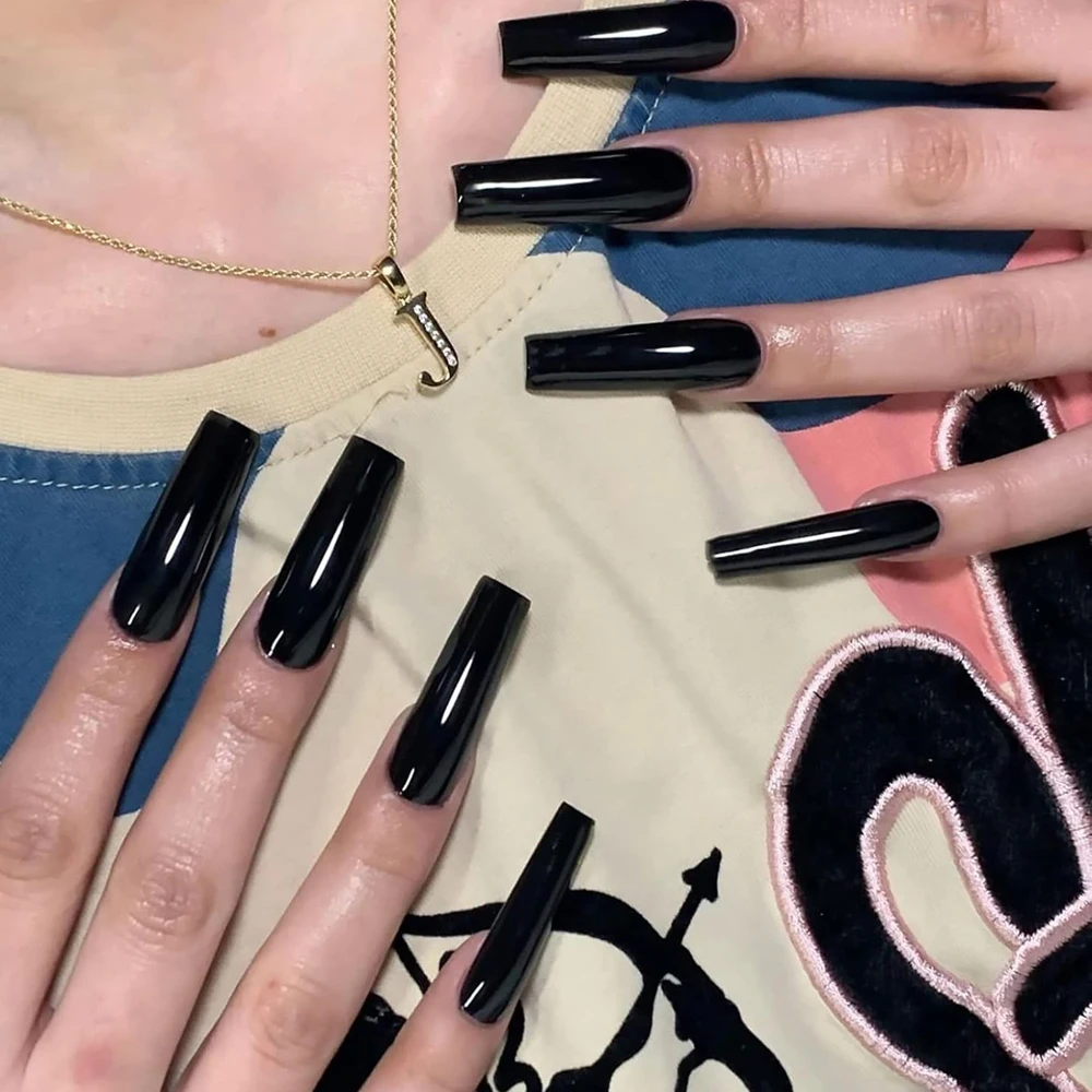120 pçs preto ballet imprensa em dicas de unhas falsas cobertura completa longa bailarina unhas falsas cor sólida extensão de unhas artificiais