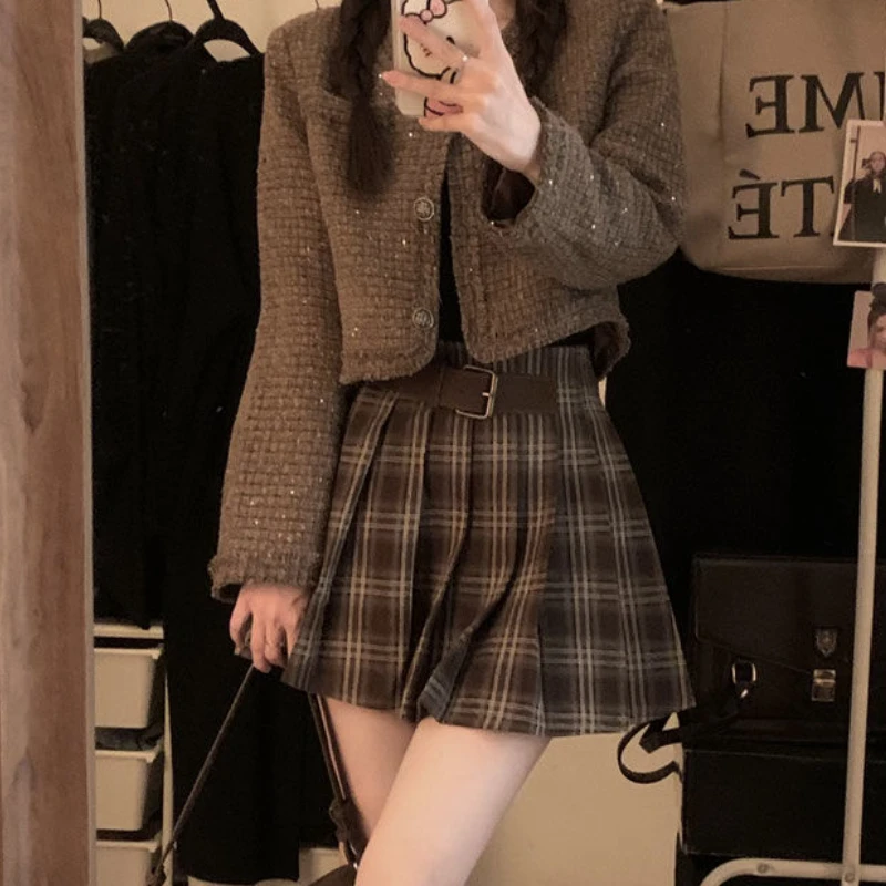 Pleated Skirts for Women American Style Retro Plaid College Autumn Sweet Girls Chic High Waist Belted Fashion All-match Mini New