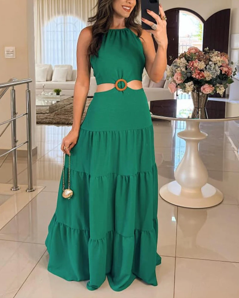 Off Shoulder Sleeveless Hollow Waist Dress with Sexy Ring Decoration, A-Line Solid Color Women's Summer Elegant Long Dress