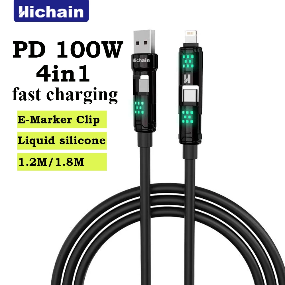 

Hichain 4IN1 PD100W Кабель для быстрой зарядки из цинкового сплава Тип c к USB C Кабель со светодиодной подсветкой Для iphone Для планшетов Xiaomi Ноутбук