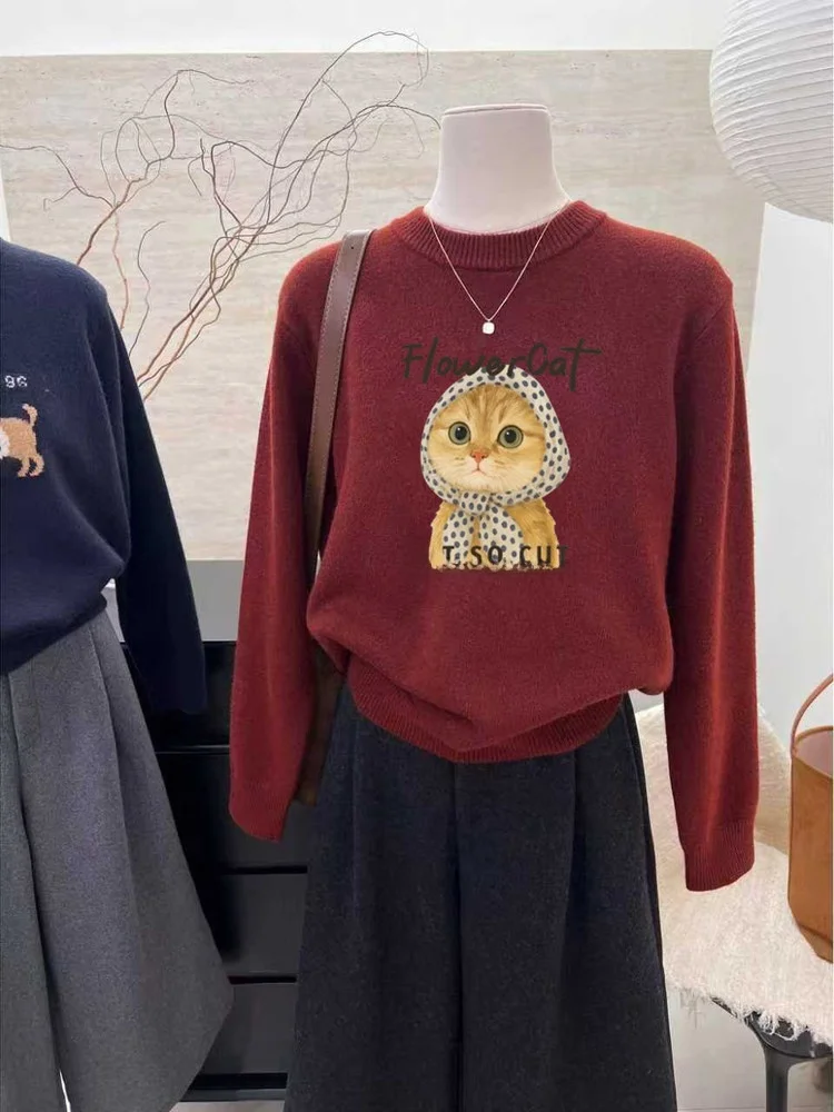 

Festive Wine Red Knitted Sweater Women's round Ne Long Sve Versatile Warm Top Faionable Anti-Aging for Young Women