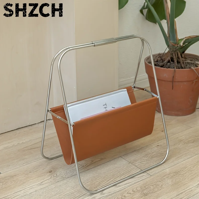 Retro Minimalist Stainless Steel Leather Magazine Rack, Folding Newspaper Rack, Newspaper Storage Floor-standing Bookshelf