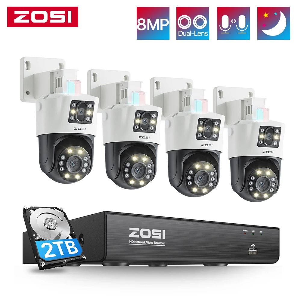 ZOSI 8MP Dual-Lens Security IP Camera System 8CH 4K CCTV NVR Kit 8MP(2x4MP) Pan/Tilt 360° Video Surveillance PoE Camera Outdoor