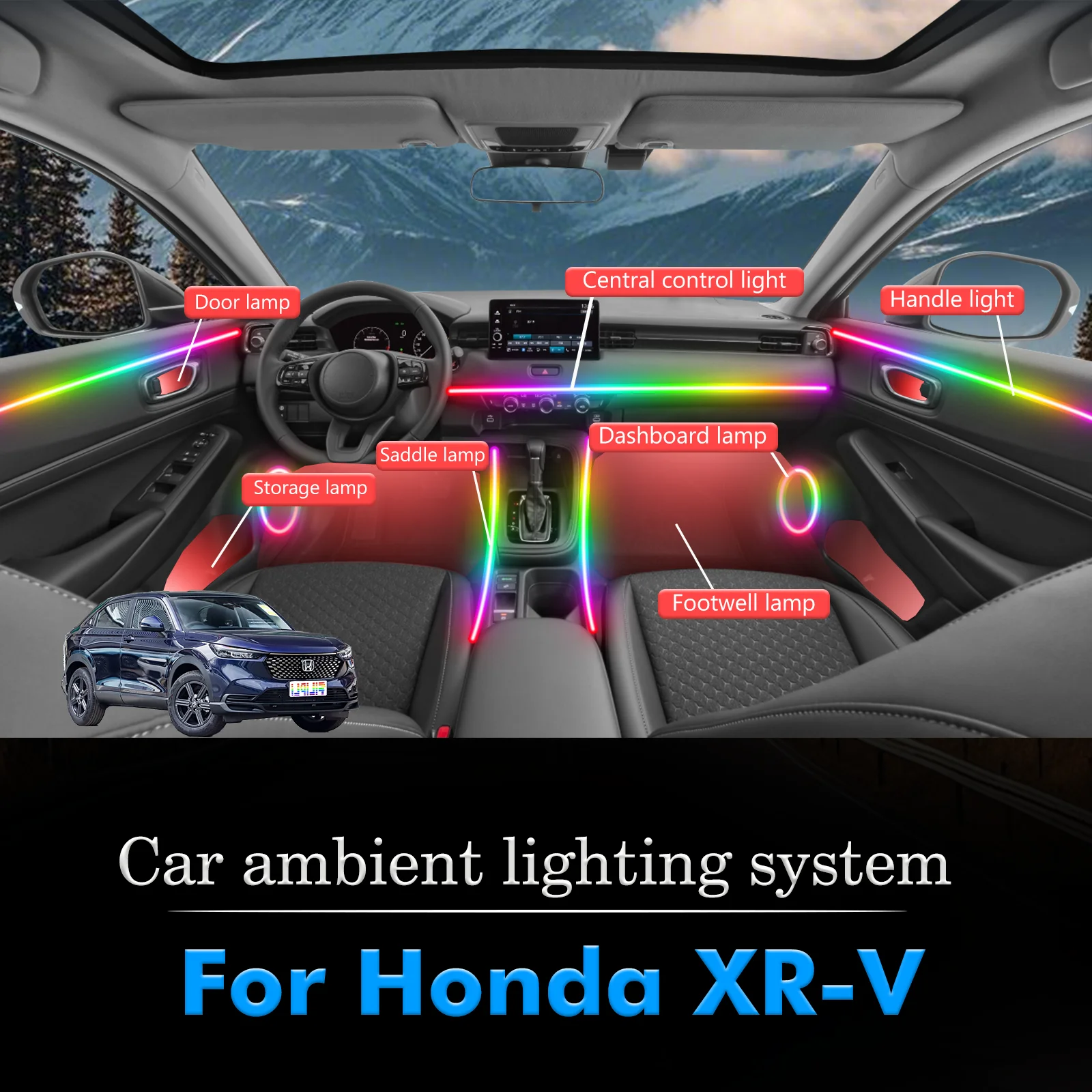 

For Honda XR-V Car Interior Ambient Light RGB 64-Color LED Smart Remote Control Energy Saving Efficient Lamp Kit