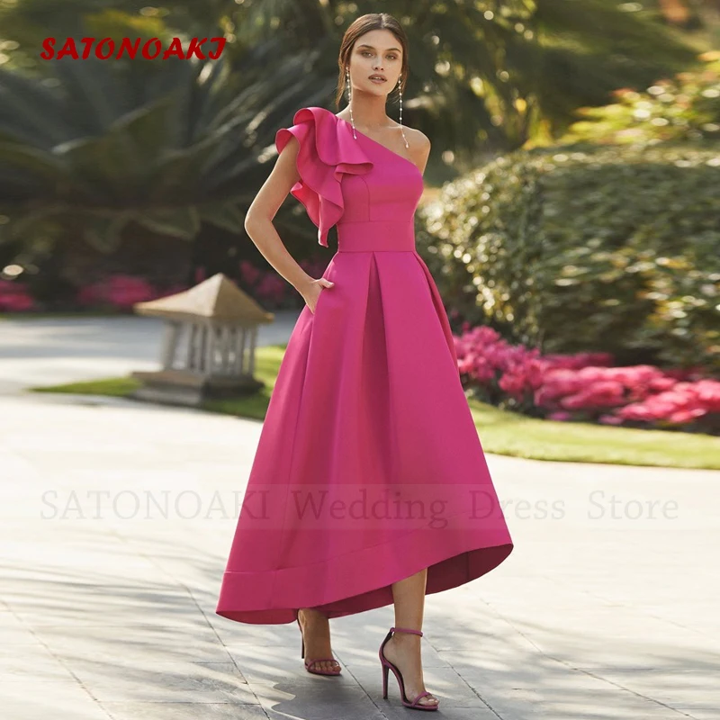 Robes De Soiree Elegant Red Satin Evening Dresses 2024 One-Shoulder High/Low A-Line Prom Party Gown with Pocket Vestidos Noche