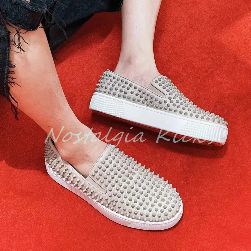 Summer Black Flat Cow Leather Spiked Loafers Slip On Anti-Slip Men's Casual Shoes Trendy Full Rivet Comfortable Sneakers
