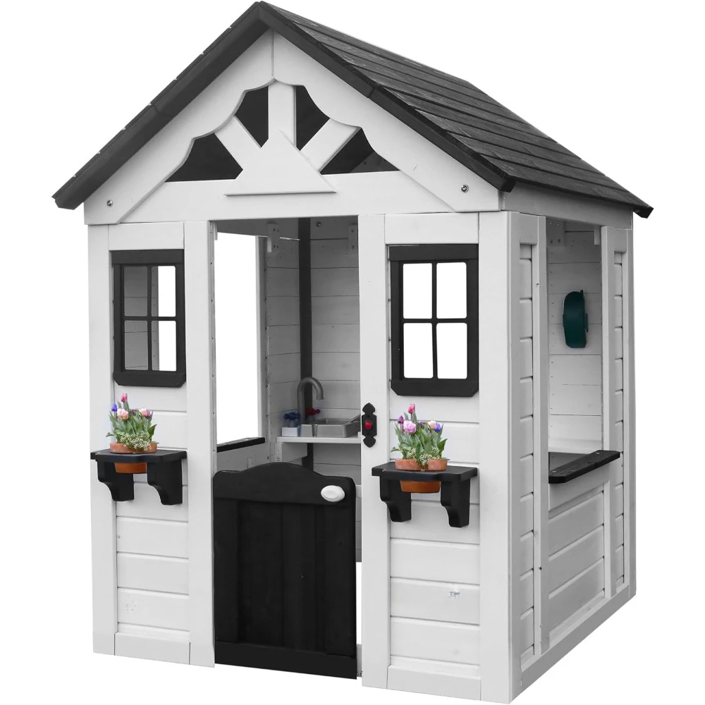 All Cedar White Modern Outdoor Wooden Playhouse, Cottage, Sink, Stove, Windows, Kitchen with Pot and Pans and Utensils