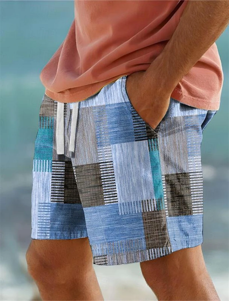 Pantalones cortos para correr con estampado 3D para hombre, Shorts clásicos de bloque de Color a cuadros, gráficos geométricos, tabla hawaiana, bañadores de natación, pantalones de playa para vacaciones